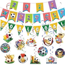 AhfuLife World Cup Soccer 2026 Decorations Kit - 3Pcs Soccer Pennant Banner & 14Pcs Hanging Swirls for World Cup Party Decor, Pre-Assembled Soccer Party Supplies for Home, Ceiling, Bar, Indoor Events