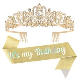 YISSION Birthday Girl Sash & Crown Gold Princess Tiara Crown for Women Girls Happy Birthday Queen Crown & Sash Birthday Tiaras & Crowns for Women Crystal Birthday Headband Birthday Party Decorations