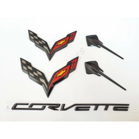 GM 5PC 2014-2019 Corvette C7 Gloss Black Front & Rear & Stingray Cross Flags Emblem