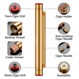 CIGARLOONG Cigar Tube Portable 5-in-1 with Double Size Cigar Punch & Twin Nubber & Cigar Holder & Draw Enhancer, Moisture Multifunctional Alloy Tube for Cigar Lovers (Gold)