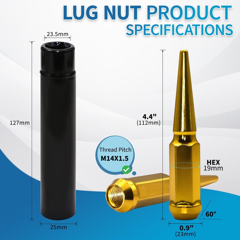 LUJIANI M14X1.5 Gold Wheel Spike Lug Nuts, 32 PCS Lug
