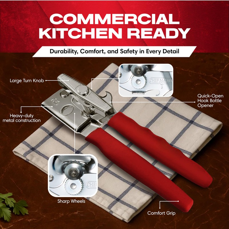 Chef-Master Commercial Can Opener, Multi-Purpose Can-Opener Manual, Easy Turn Anti-slip