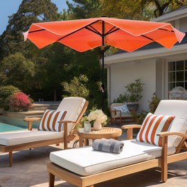 PHI VILLA 10ft Patio Umbrellas with 24 pcs LED Solar Lights, Outdoor Market Table Lighted Umbrella with 8 Steel Ribs, Tilt for UV-Resistant, Lotus Leaf Shape Canopy, Orange