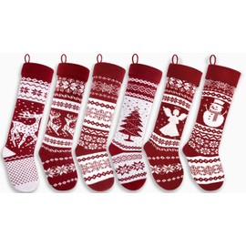 26-Inch Large Nordic Style Knitted Christmas Stockings in Burgundy/White for Stuffers & Mantel, Wall, & Staircase Decoration