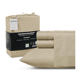 Organic Cotton King Bed Sheet Set - Luxury Sateen Weave 300 TC 4 Piece King Sheet Set, Cooling Sheets King, Breathable King Size Bed Sheets, GOTS Certified, Deep Pocket King Size Sheet Set- TAN