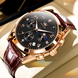 OLEVS Men's Leather Watch,Big Face Chronograph Watch for Men Casual Watches Fashion Easy to Read Mens Analog Watches,Dress Men's Waterproof Luminous Date with Arabic Numeral Relojes para Hombres