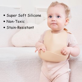 Mombella Silicone Bibs For Babies 6-12 Months, Set of 2 Waterproof Adjustable Baby Bibs For Eating, Flexible Toddler Bibs With Food Catcher For Boys Girls, Washable Baby Feeding Esentails, Blue+Brown