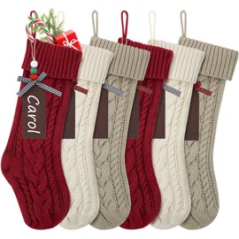 KaKaPops Christmas Stockings, 6 Pack 18 Inches Christmas Stocking with Name Tags Cable Knitted Stocking Decorations for Xmas Family Holiday Party Decor (Burgundy, Ivory, Khaki)