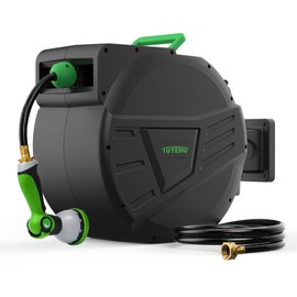 Tuyeho Retractable Garden Hose Reel 100FT, Wall Mount Heavy Duty Water Hose Reels with Automatic Slow Rewind System, Outdoor Hoses Reel with 2 Hose Nozzles for Garden Watering, Car Wash, Pet Shower
