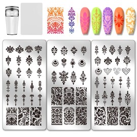 PH PandaHall 3 Stück Ethnische Muster Nagel Stempel Platte Blumenmuster Druck Kunst Vorlage Nagelbildplatte aus Edelstahl Nägel Schablonen mit Stamper und Schabemesser für Frauen DIY Druck 12x6 cm