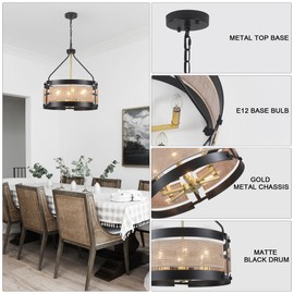 YLCHYTDZSW 6 Light Farmhouse Chandelier,Black and Gold Modern Drum Chandeliers for Dining Room,18.89 in Rattan Boho Pendant Light Fixtures for Kitchen Island Living Room Bedroom Foyer Entryway