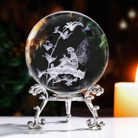 LINSINA 3D Fairy Crystal Ball Decorative Balls, 60mm Laser Engraved Fairy Figurines Glass Sphere Paperweight with Stand, Crystal Fairy Gifts for Women Men Kids