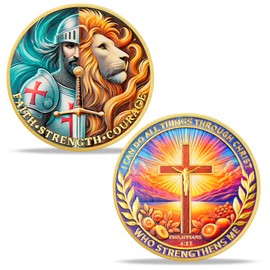 ACGZQY Lion and Knight Coin - Christian Challenge Coin - Faith Strength Courage Coin - Philippians 4:13 Religious Red Cross Token Inspirational Knight Spirit Gifts (A)