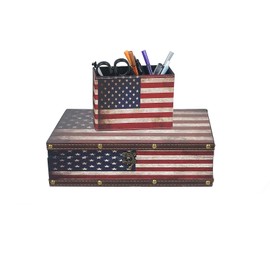 DreamsEden Vintage American Flag Wooden Keepsake Box & Pen Pencil Holder Cup - Patriotic Table Decoration Decorative Storage Boxes Memorial Gifts Desk Office Home Decor