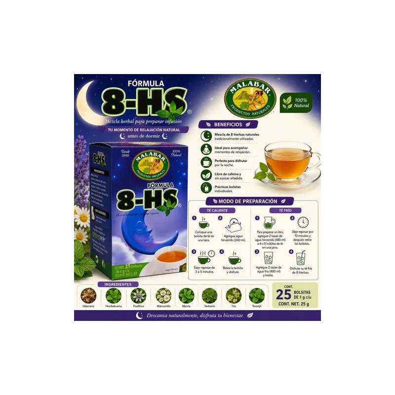 Té Malabar Fórmula 8-hs Mezcla Herbal Natural 25 Sobres