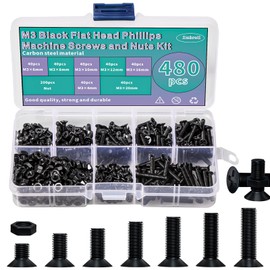 Zmbroll 480pcs M 3 Flat Head Machine Screws Black Cross Bolt Nuts Set M 3x4mm/6mm/8mm/10mm/12mm/16mm/20mm