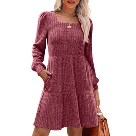 Sweater Dress for Women A Line Short Puff Sleeve Teacher Business Dress Office Work Fall L Hot Pink