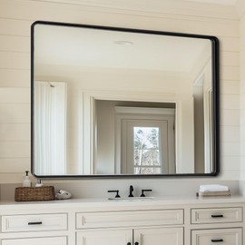 Furnbar Black Bathroom Mirror 48x36 Inch, Rounded Corner Rectangle Mirror with Metal Deep Frame, Wall Mirrors for Over Sink, Vanity, Bedroom, Bathroom, Hangs Horizontally or Vertically