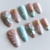 24Pcs Blue Flower Press on Nails Medium Almond French Tip