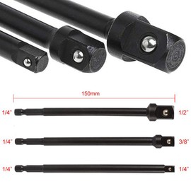 Gasea 3pcs 150mm Socket Adapter Impact Hex Shank Extension Drill Bits Bar Set 1/4" 3/8" 1/2" Square Drive Socket