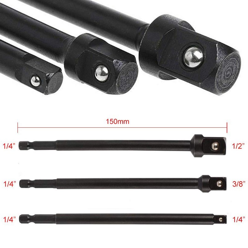 Gasea 3pcs 150mm Socket Adapter Impact Hex Shank Extension Drill
