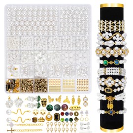 GREFIYAS Beads for bracelets, pearl set white, 4/5/6/7/8/10/12 mm white pearls, 30 types of shaped beads, golden beads, jewellery making set adults, white beads for bracelets/chains