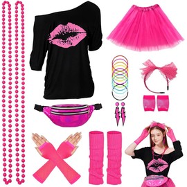 ELFIN 80s Outfit Women's T-Shirt, Tutu, Belt Bag, Headband, Earring, Necklace, Mesh Gloves, Bracelet, Leg Warmer, 80s Costume Clothing Theme Party Accessories, Black-1, S