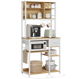 VASAGLE Bakers Rack with Charging Station, Coffee Bar with Adjustable Storage Shelves, Fabric Drawer, 12 Hooks, 15.7 x 31.5 x 71 Inches, Kitchen Microwave Stand, Golden Oak and Cloud White UKKS015Y03