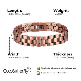 CocoButterfly Men's Copper Bracelet with Double Row Strong Magnet, Equipped with 3000 Gauss Magnet and Adjustable Tool Wiping Cloth