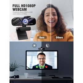 Full HD 1080P Webcam with Microphone, Wide Angle, Rotatable Tripod, Privacy Cover