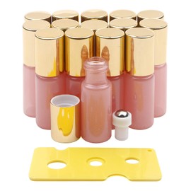 Kesell - Botellas enrollables de vidrio, paquete de 15 botellas de aceite esencial de 5 ml, color rosa perla con bola de rodillo de acero inoxidable y tapa dorada y abridor