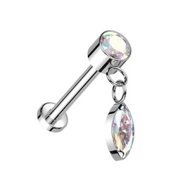 Pierced Owl 18GA ASTM F-136 Implant Grade Titanium Threadless Push-In CZ Crystal with Dangling Marquise Flat Back Stud (Silver Tone/Aurora Borealis)