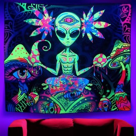 Yosugar Wall Hanging Tapestry,59x51 Inches Butterfly Tapestry for Bedroom,Mushoom and Weed Tapestry Aesthetic,Nature Tapestry for Living Room Home Decor (Green Alien)