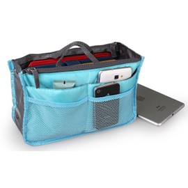 GPCT Large Multi-Pocket Expandable Nylon Travel Handbag/Purse Insert Organizer W/ Handles. 13 Compartments & 2 Zipper Pockets. Keeps Handbag/Purse Neat/Tidy! Great for Keeping Cosmetics & Makeup- Blue