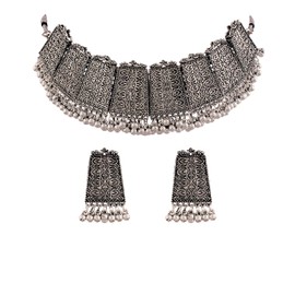 I Jewels Antique Silver Oxidized Ethnic Indian Traditional Bollywood Afghani Choker Necklace Jewellery Set for Women (MC068)
