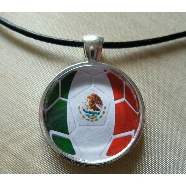 MEXICO Soccer Futbol.Glass Pendant with Leather Necklace
