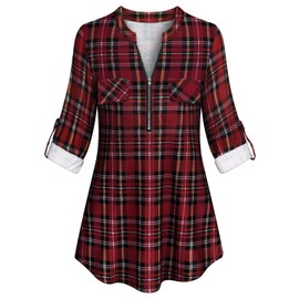 Tanst Sky V Neck Tunics for Women to Wear with Leggings, Juniors 3/4 Sleeve Shirts Tartan Fit Front Pocket Plaid Tops Stretchy Pullover Tartan Outfit Boutique Clothing Red M