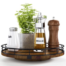 Farmhouse Oak 10" Lazy Susan Turntable Organizer for Cabinet, Round Wooden Lazy Susan Organization and Storage for Dining Table, Pantry, Kitchen, Countertop, Cupboard,Home Decor, Walnut Wood