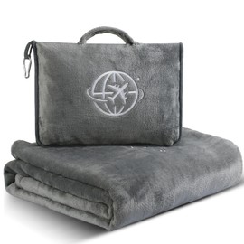 Fendox Travel 2-in-1 Travel Blanket and Pillow – Lightweight, Compact, Ultra Soft, Machine Washable – Handle, Luggage Sleeve, Backpack Clip – for Travel Airplane, Car, Office (Gray)