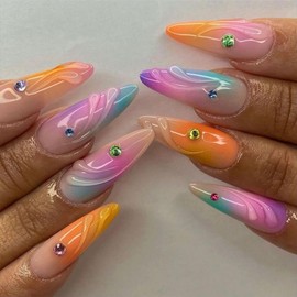 TBRZTR Press on Nails Medium Almond Shaped Colorful Gradient False Nails with Rhinestones Design Artificial Acrylic Nails Almond Stick on Nails Full Cover Coffin Nails Reusable Glue on Nails for Women