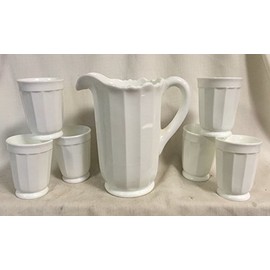 Glass Water Set - Pitcher & 6 Tumblers - Panel Pattern - American Made - Mosser USA (Milk Glass)