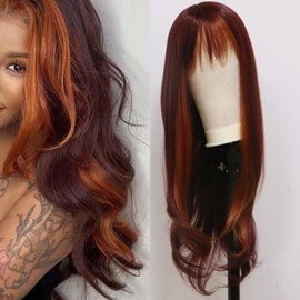 mszyhuwan 99J Burgundy Red With Ginger Mixed Highlights Wig With Bangs Glueless Fringe Wig Heat Resistant Synthetic Wig Women's Hair Replacement Wig None Lace Full Machine Made Easy Wear Wig