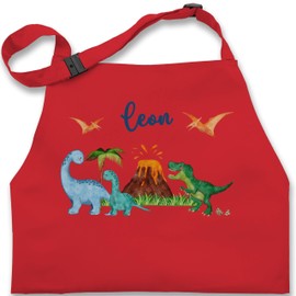 Geschenk mit Namen personalisiert by Shirtracer - Children's Apron for Boys and Girls - Dinosaur Dino Dinos, 6 Red