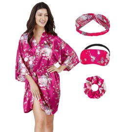 EPLAZA Women Floral Satin Robe Bridal Dressing Gown Wedding Bride Bridesmaid Kimono Sleepwear (Rose, Small-Medium)