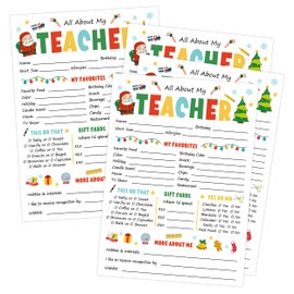 All About My Teacher - 25 Secret Santa Questionnaire Forms, Christmas Wish List White Elephant Gift Ideas, Christmas Gift Exchange Favorites Survey for Teachers, Class, School