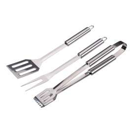 alpina Set Barbecue 3 Pezzi - Utensili Barbecue con Spatola e Pinza - Accessori Barbecue con Forchetta - Attrezzi Barbecue Acciaio Inox - Argento