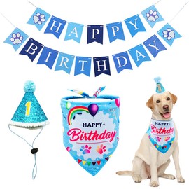 BIPY Blue Dog 1st Birthday Hat Bandana Banner for Boys Small Medium Dogs Cats Soft Bibs Doggy Party Grooming Supplies Celebration Birthday Bandana Set Costumes Headwear