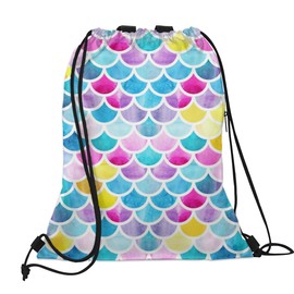 Mularoka Rainbow Fish Scale Drawstring Backpack Bag Water-resistant Draw String Back Sack with Zipper Pocket Gym Cinch Tote Soccer Basketball String Bags Sackpack for Men Women
