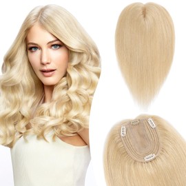 Silk-co 16inch Hair Topper for Thinning Hair Women Clip in Real Remy Human Hair Extensions Top Piece Base Size 10 * 12cm Silk+Lace Base Hair Piece 130% Density (#24 Natural Blonde)