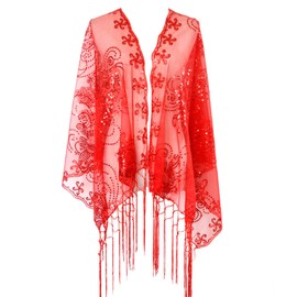 L'VOW Women's Glittering 1920s Scarf Mesh Sequin Wedding Cape Fringed Evening Shawl Wrap(Red)